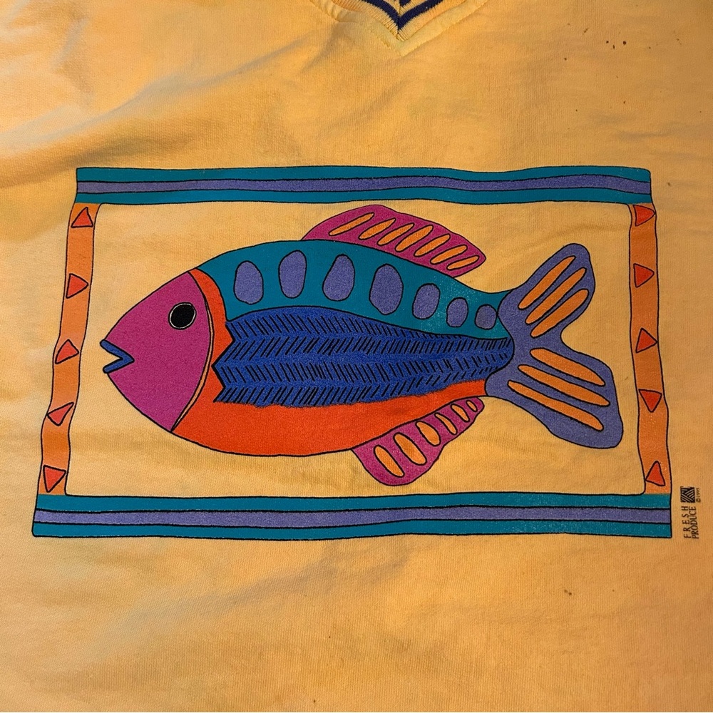 1995 Colorblock Fish Sweatshirt V Neck Nautical Graphic Yellow 90s Vintage XL - Picture 5 of 8